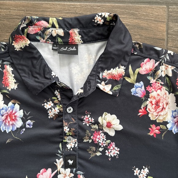 Bad Birdie Golf Polo Shirt Men's Large Floral Black Performance - Picture 3 of 8
